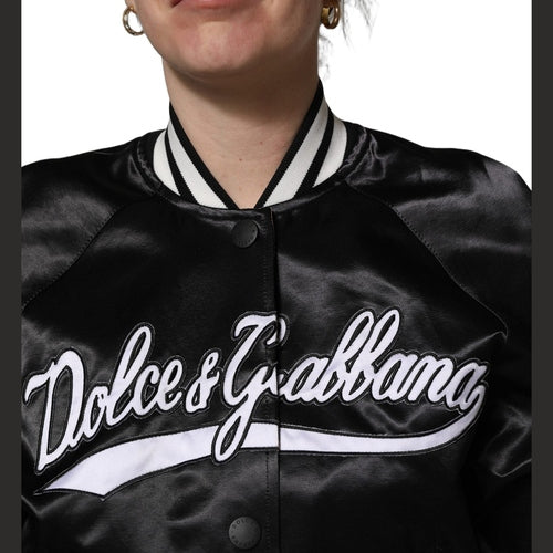 Dolce & Gabbana Black Satin Floral Embroidery Bomber Jacket