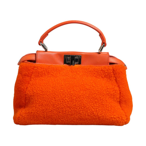 Fendi Orange Leather and Shearling Mini Peekaboo Top Handle Bag