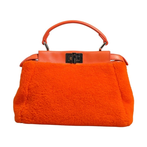 Fendi Orange Leather and Shearling Mini Peekaboo Top Handle Bag