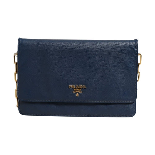 Prada Blue Saffiano Leather Wallet on Chain Clutch Bag