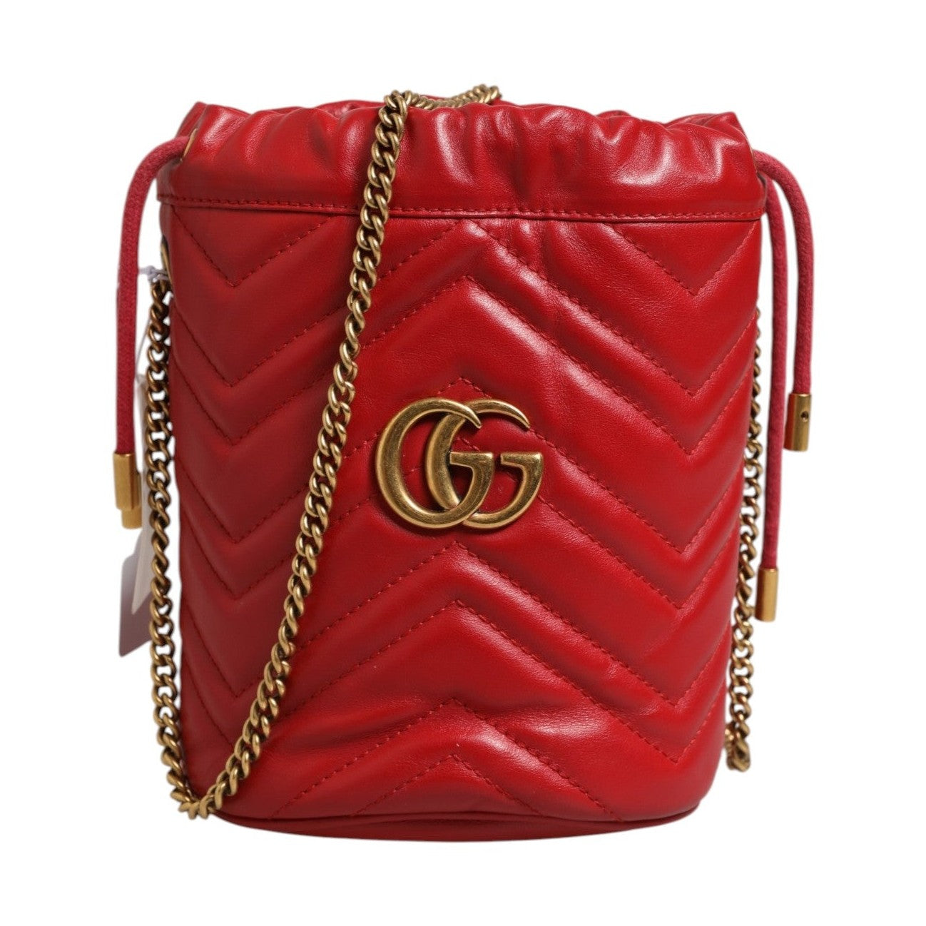 Gucci Red Chevron-quilted Calfskin Leather GG Marmont Bucket Bag