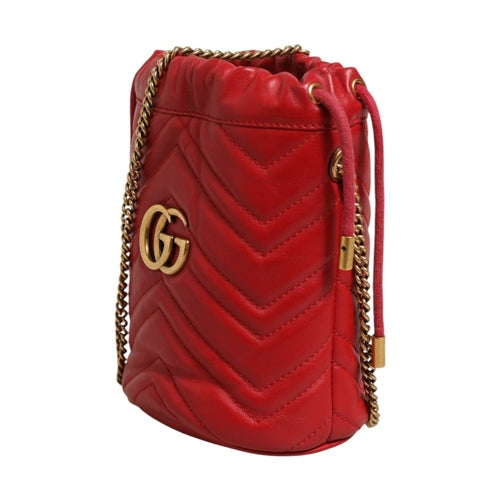 Gucci Red Chevron-quilted Calfskin Leather GG Marmont Bucket Bag