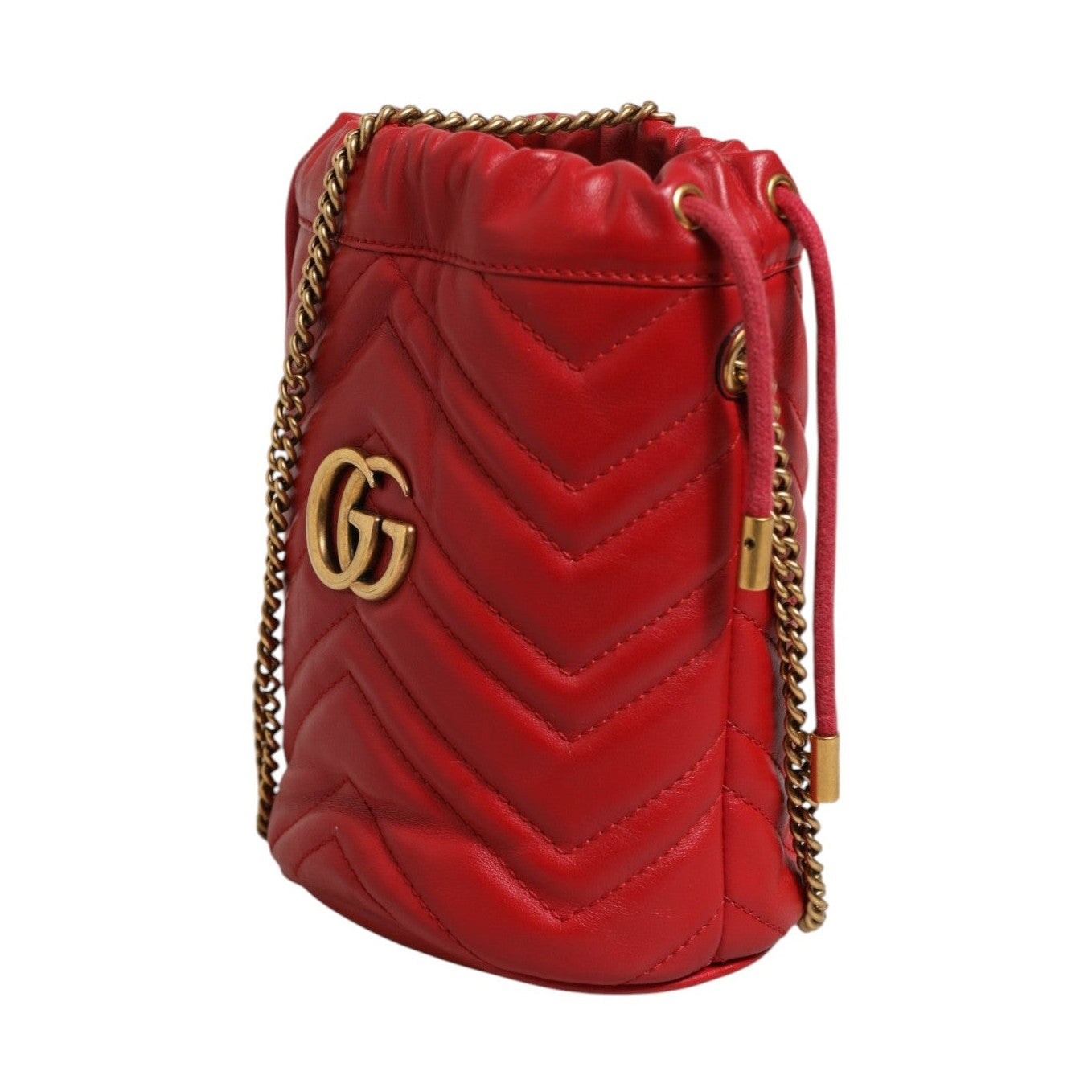 Gucci Red Chevron-quilted Calfskin Leather GG Marmont Bucket Bag
