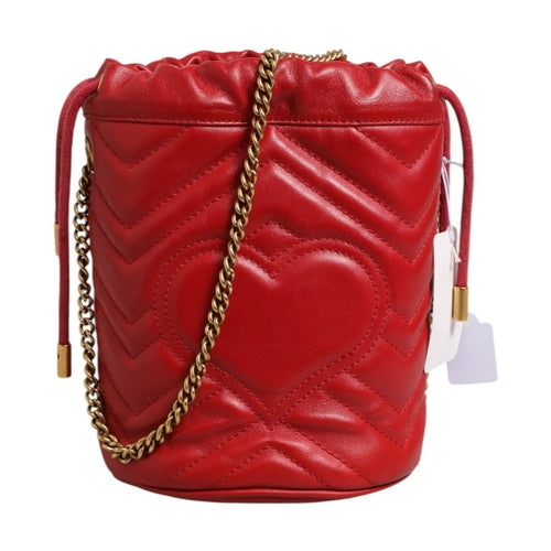 Gucci Red Chevron-quilted Calfskin Leather GG Marmont Bucket Bag