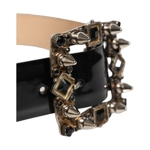 Dolce & Gabbana Black Leather Crystal Metal Buckle Belt