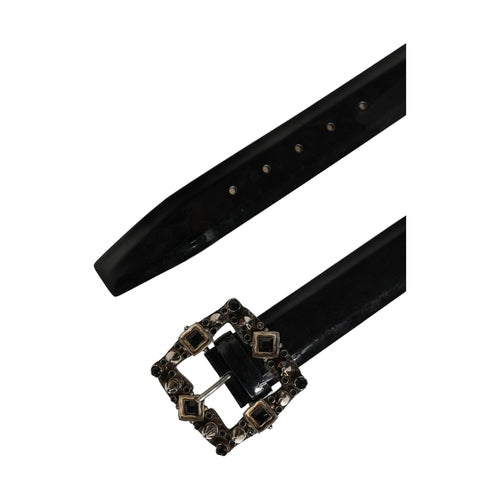 Dolce & Gabbana Black Leather Crystal Metal Buckle Belt