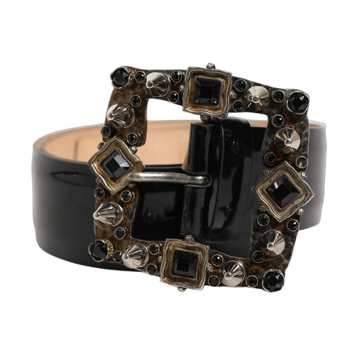 Dolce & Gabbana Black Leather Crystal Metal Buckle Belt