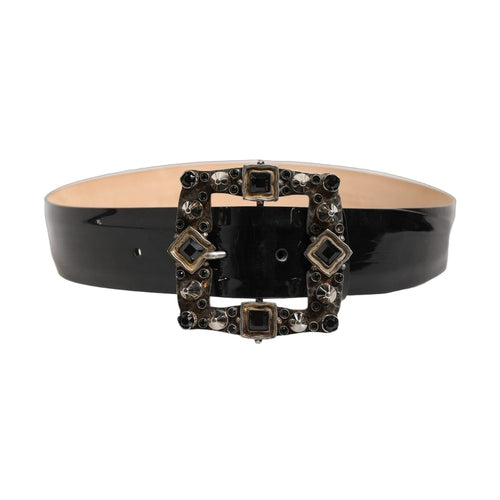 Dolce & Gabbana Black Leather Crystal Metal Buckle Belt