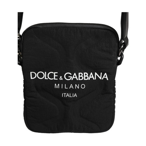 Dolce & Gabbana Black Nylon Rubberized Logo Print Crossbody Borse Bag