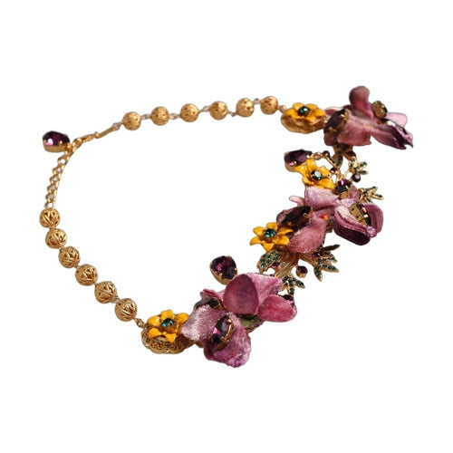 Dolce & Gabbana Gold Brass Mix Fiori Flowers Crystal Chain Necklace