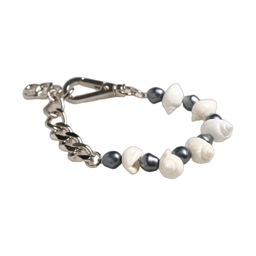 Dolce & Gabbana Silver Tone Brass Beaded Shell DG Logo Pendant Bracelet