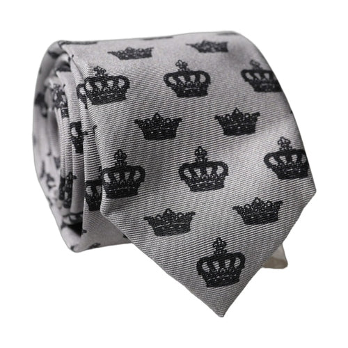Dolce & Gabbana Gray Crown Fantasy Silk Adjustable Men Tied Necktie Tie
