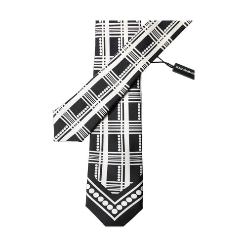 Dolce & Gabbana Black White Abstract Silk Adjustable Men Tied Necktie Tie