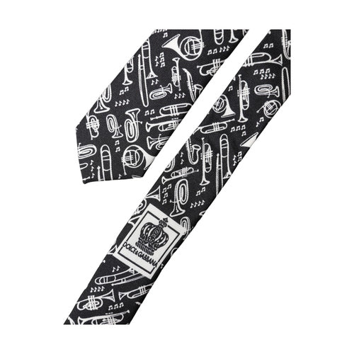 Dolce & Gabbana Black Trumpet Print Silk Adjustable Men Tied Necktie Tie