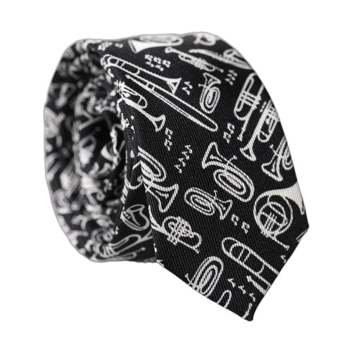 Dolce & Gabbana Black Trumpet Print Silk Adjustable Men Tied Necktie Tie