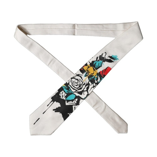 Dolce & Gabbana White Tattoo Floral Silk Adjustable Men Tied Necktie Tie