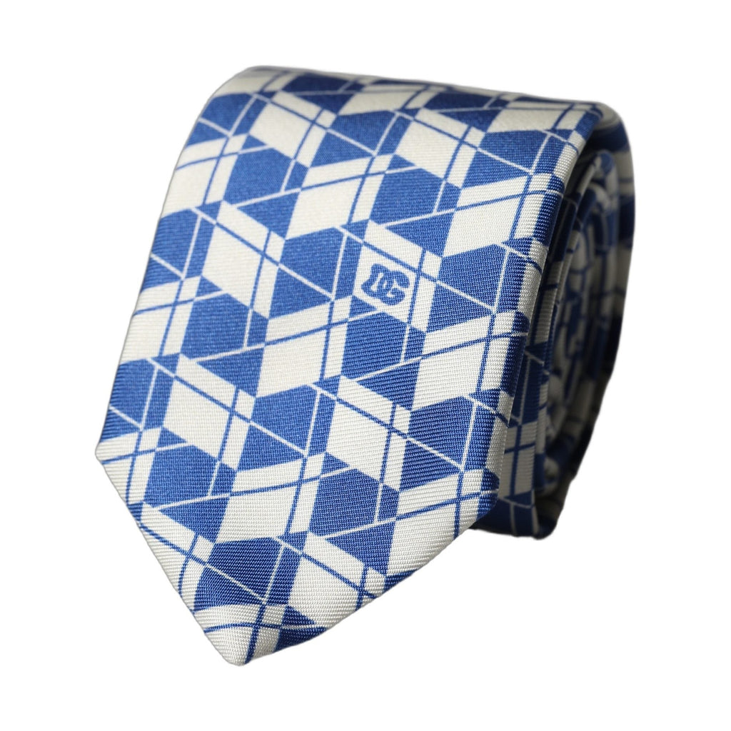 Dolce & Gabbana Blue White Geometric Silk Adjustable Men Tied Necktie Tie