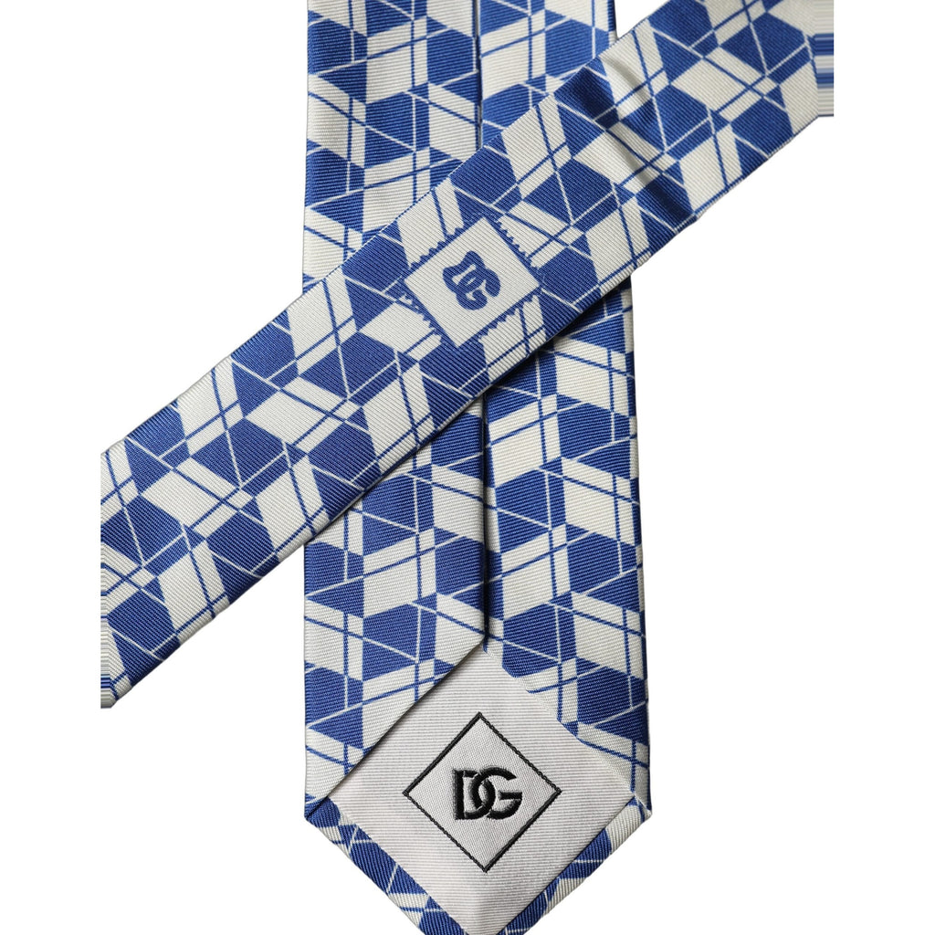 Dolce & Gabbana Blue White Geometric Silk Adjustable Men Tied Necktie Tie