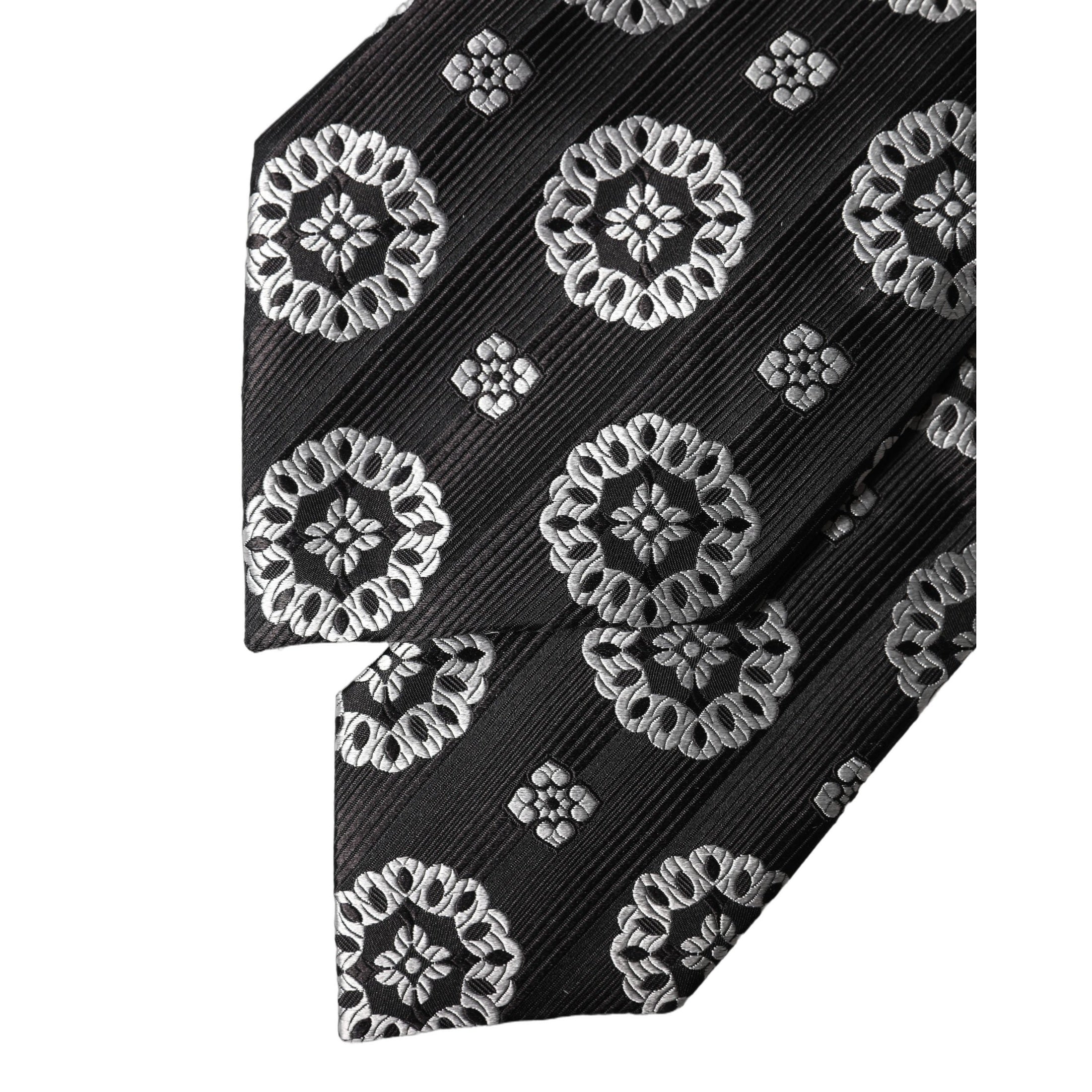 Dolce & Gabbana Black White Floral Silk Adjustable Women Necktie Tie