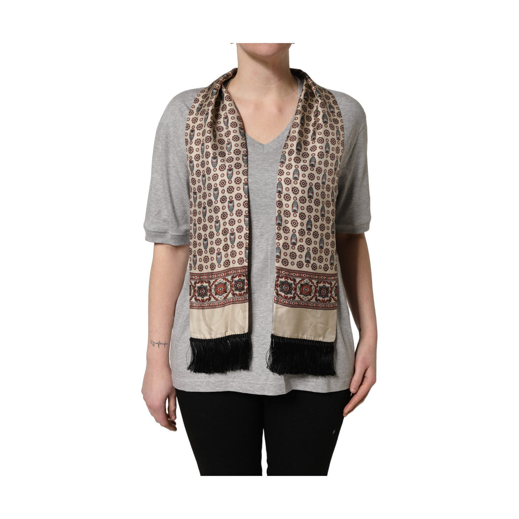 Dolce & Gabbana Gray Cotton V-neck Owl Silk Scarf Top T-shirt