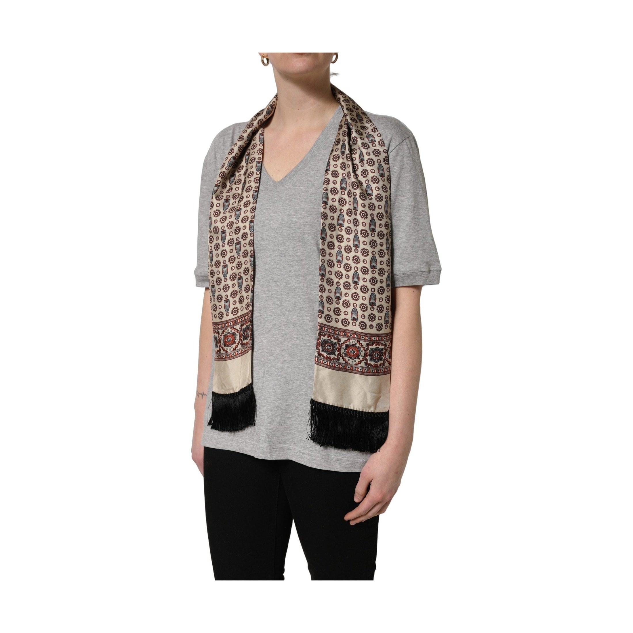 Dolce & Gabbana Gray Cotton V-neck Owl Silk Scarf Top T-shirt