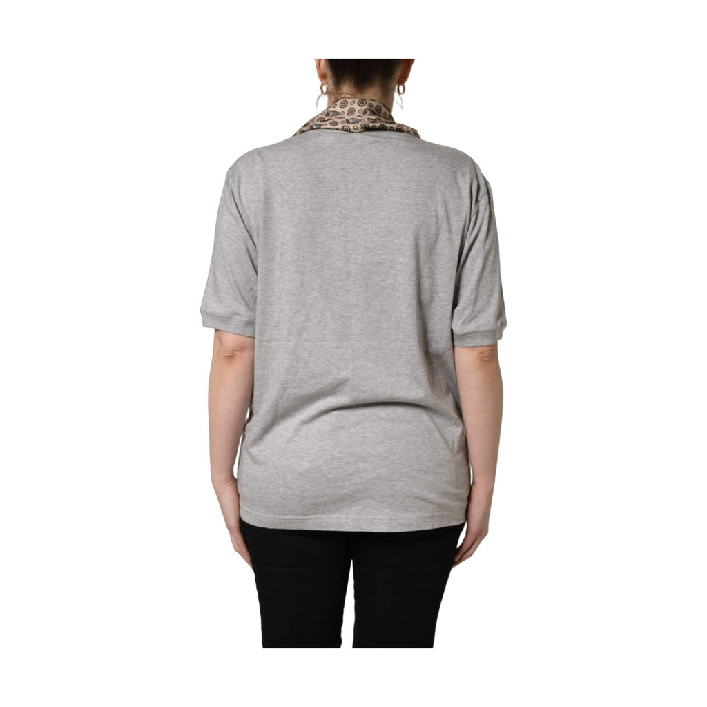 Dolce & Gabbana Gray Cotton V-neck Owl Silk Scarf Top T-shirt