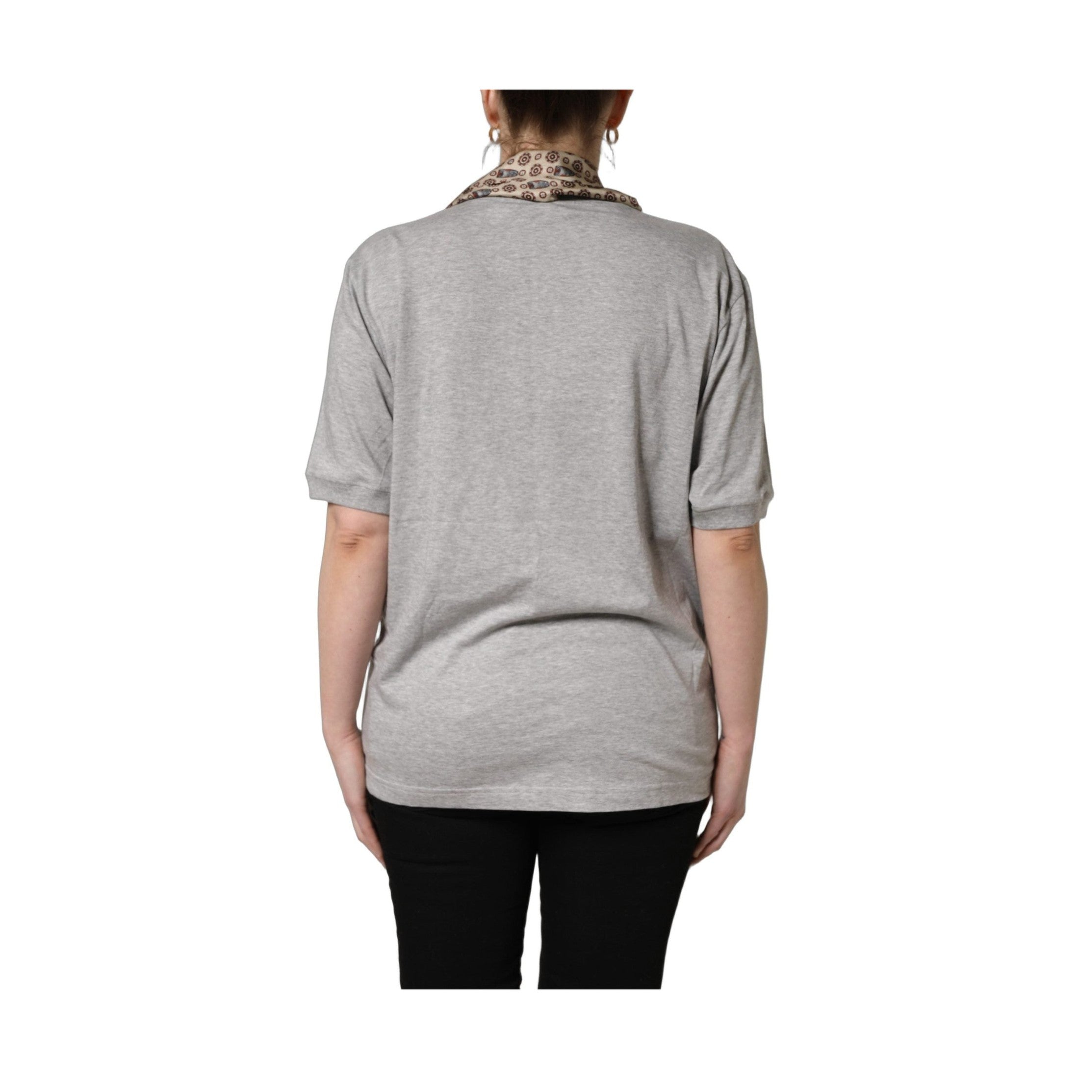 Dolce & Gabbana Gray Cotton V-neck Owl Silk Scarf Top T-shirt