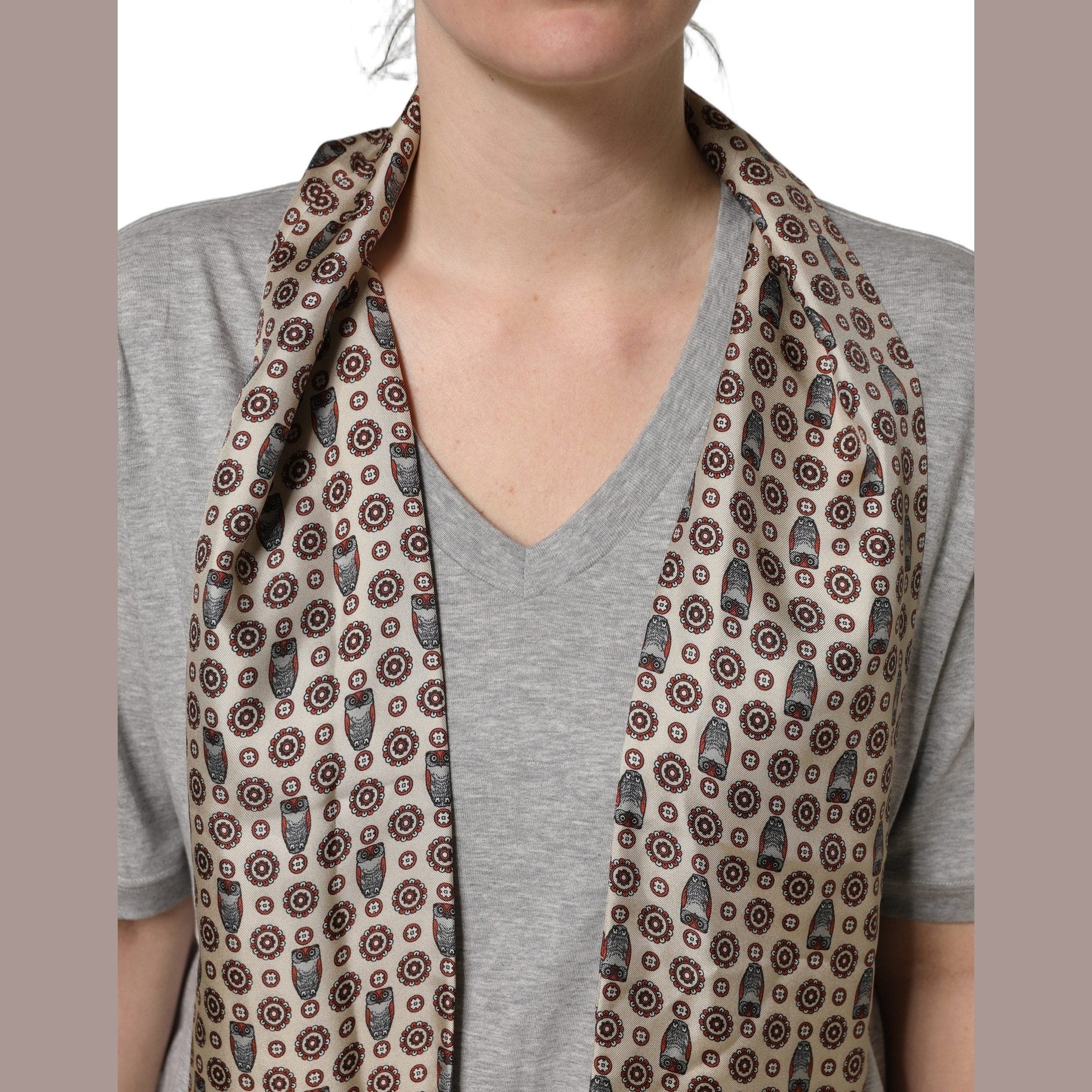 Dolce & Gabbana Gray Cotton V-neck Owl Silk Scarf Top T-shirt
