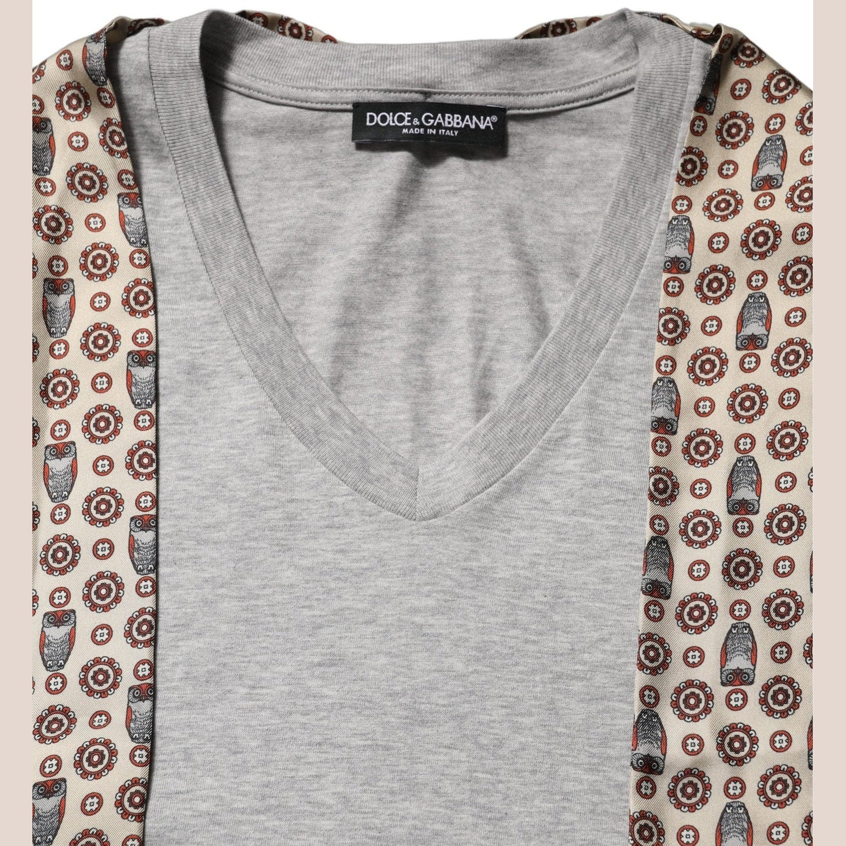 Dolce & Gabbana Gray Cotton V-neck Owl Silk Scarf Top T-shirt