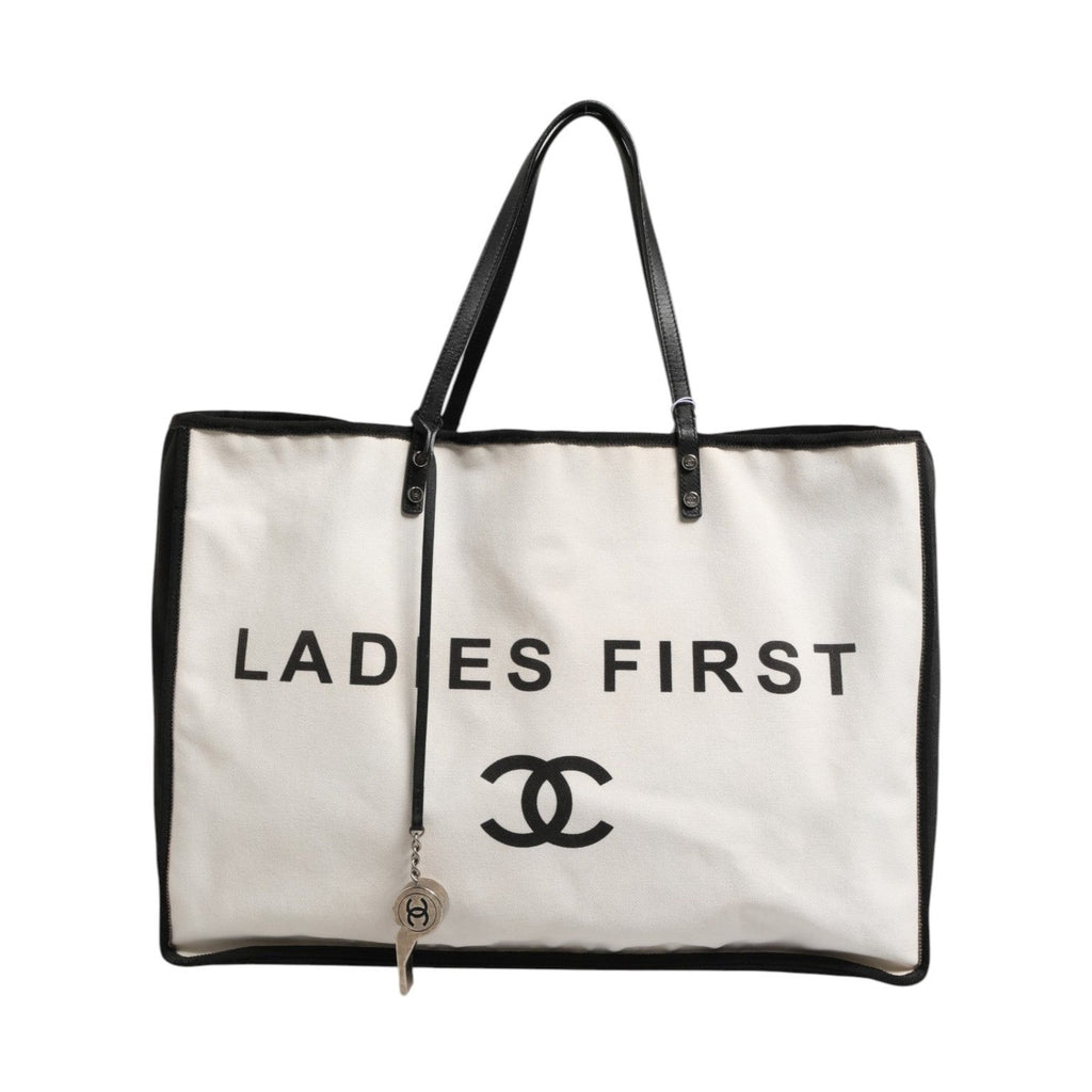 Chanel Ladies First White and Black Canvas Shopper Tote Bag