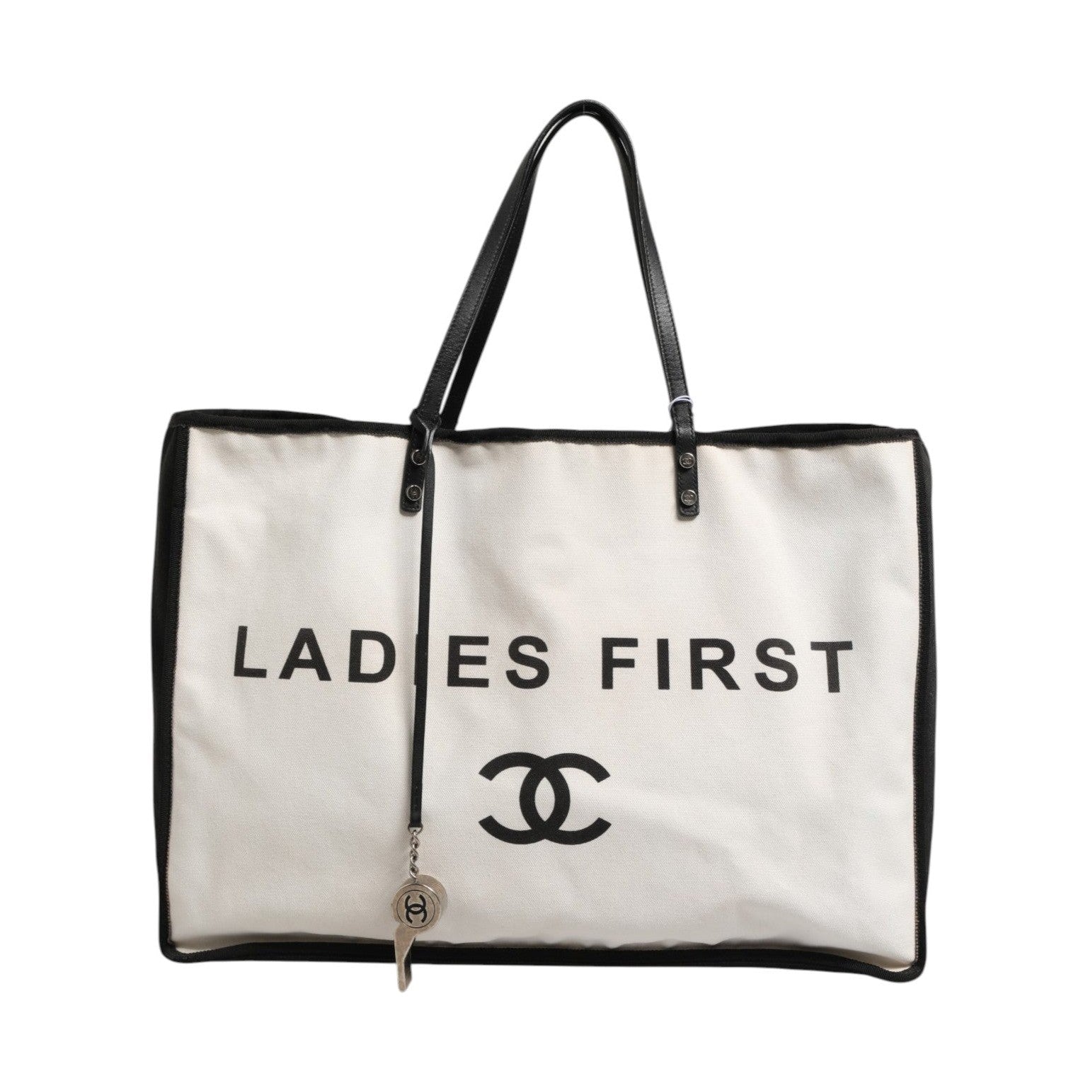 Chanel Ladies First White and Black Canvas Shopper Tote Bag