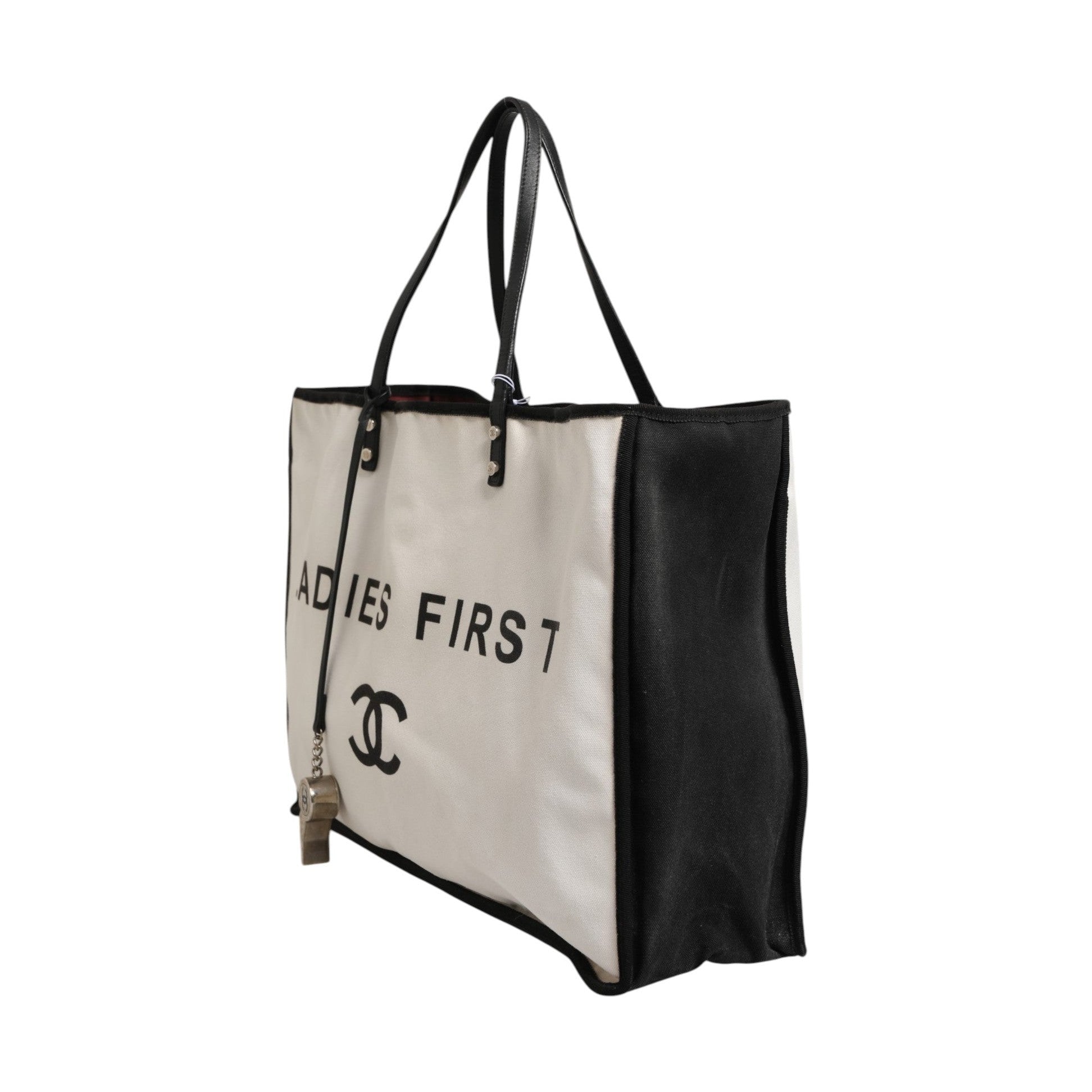 Chanel Ladies First White and Black Canvas Shopper Tote Bag