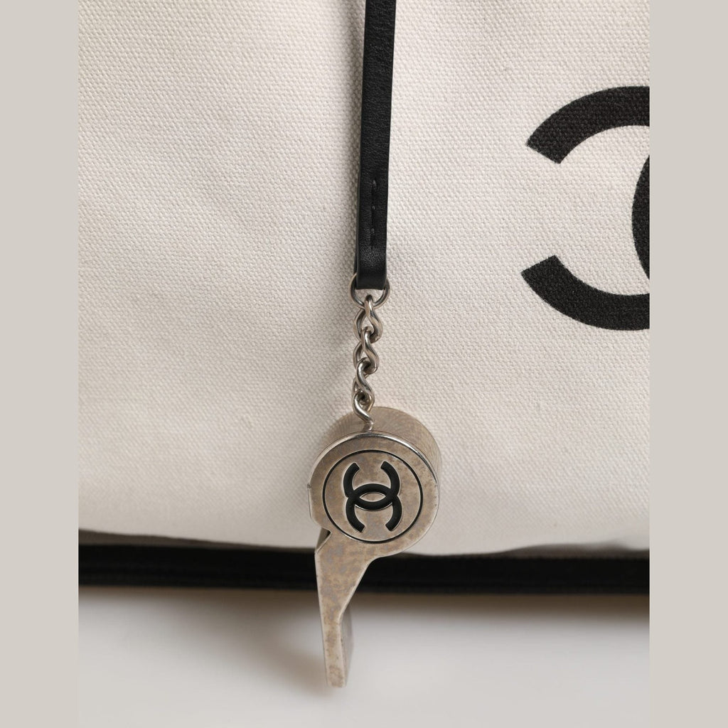 Chanel Ladies First White and Black Canvas Shopper Tote Bag
