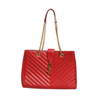 Saint Laurent Red Chevron Quilted Grained Leather Monogram Tote Bag