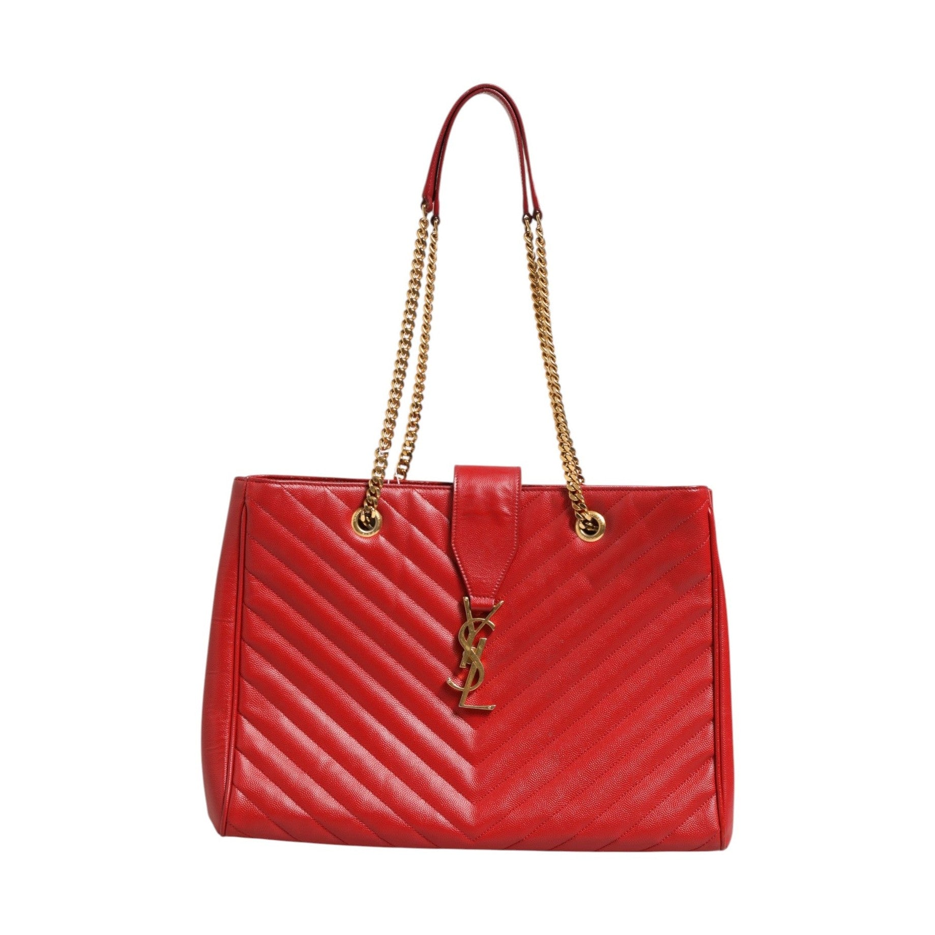 Saint Laurent Red Chevron Quilted Grained Leather Monogram Tote Bag