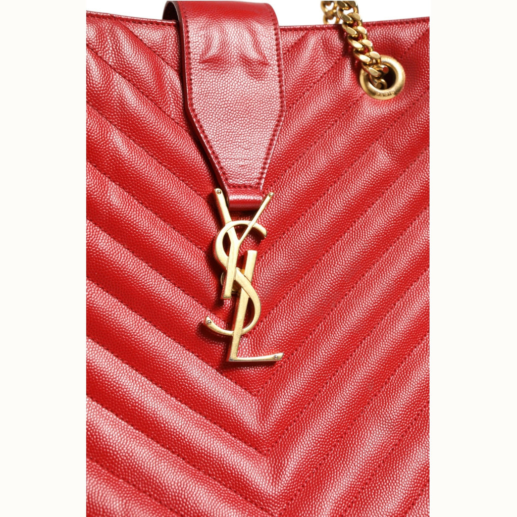 Saint Laurent Red Chevron Quilted Grained Leather Monogram Tote Bag