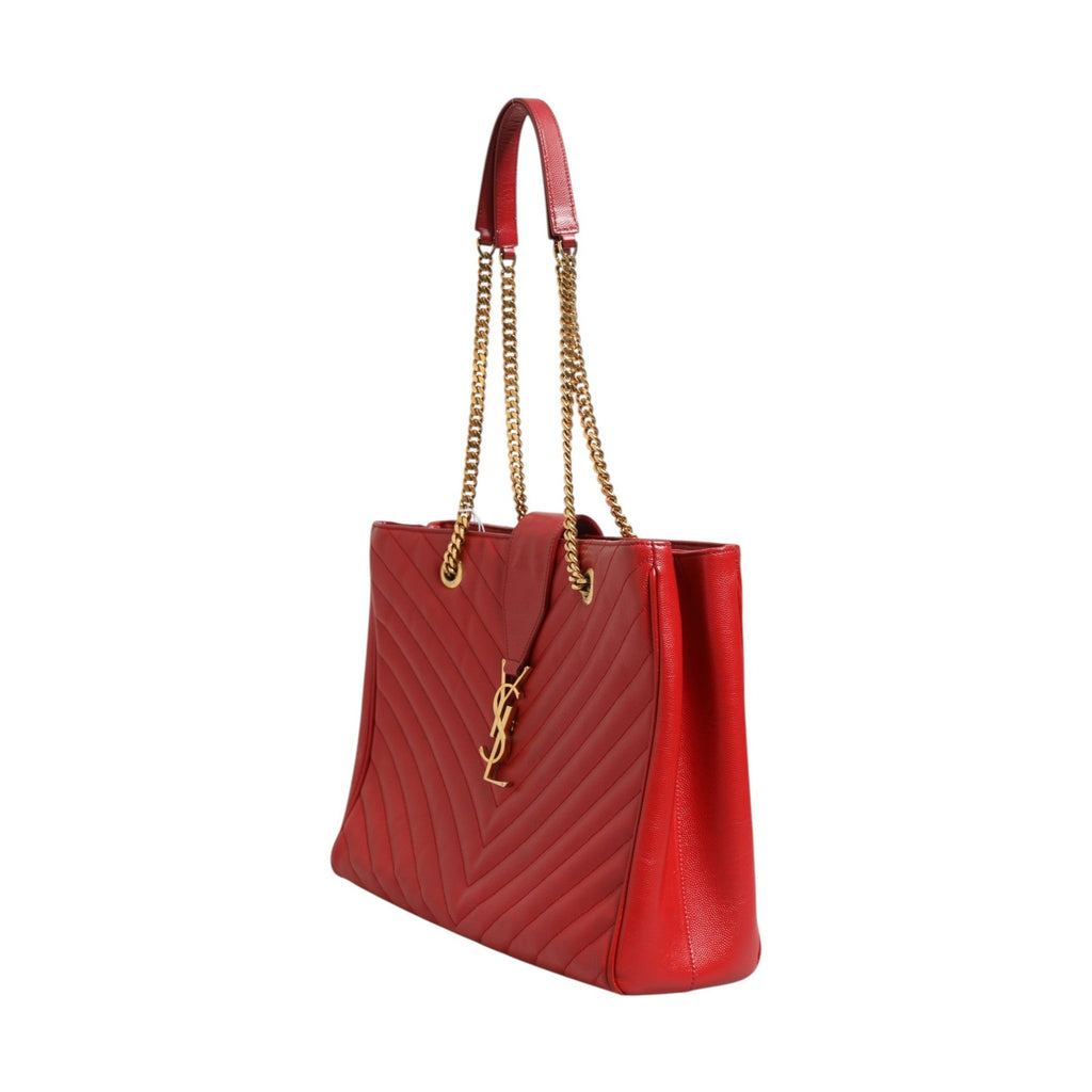 Saint Laurent Red Chevron Quilted Grained Leather Monogram Tote Bag