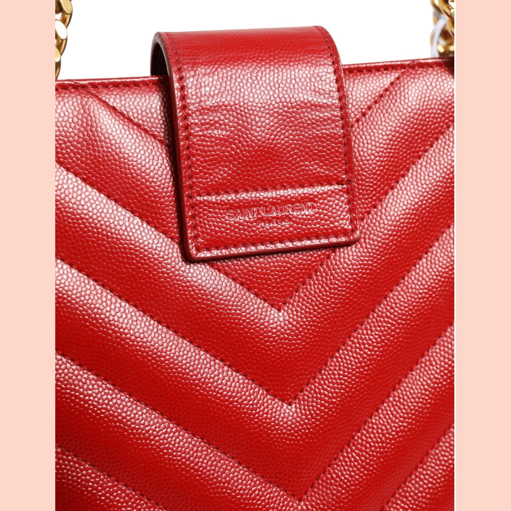 Saint Laurent Red Chevron Quilted Grained Leather Monogram Tote Bag