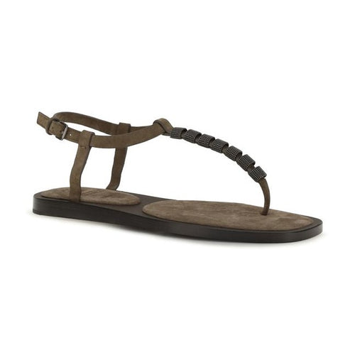Brunello Cucinelli Brown Calf Leather Bos Taurus Flat Sandals