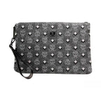 MCM Veritas Medium Dark Grey Denim Monogram Logo Canvas Clutch Pouch Handbag