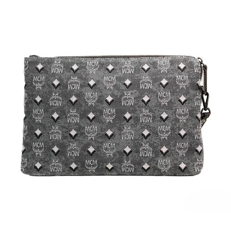 MCM Veritas Medium Dark Grey Denim Monogram Logo Canvas Clutch Pouch Handbag