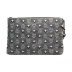 MCM Veritas Medium Dark Grey Denim Monogram Logo Canvas Clutch Pouch Handbag