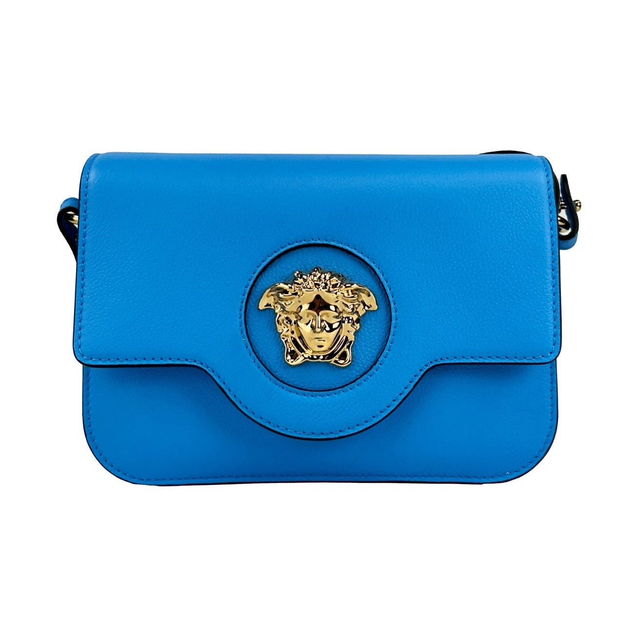 Versace La Medusa Blue Leather Shoulder Crossbody Bag Purse