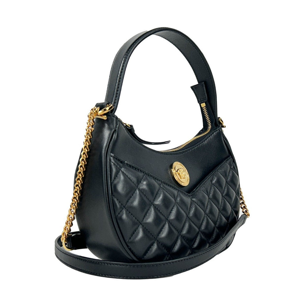 Versace Quilted Black Leather Half Moon Chain Crossbody Bag