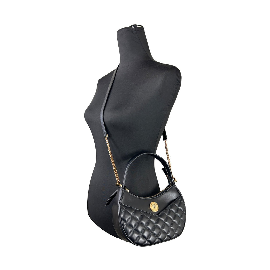 Versace Quilted Black Leather Half Moon Chain Crossbody Bag
