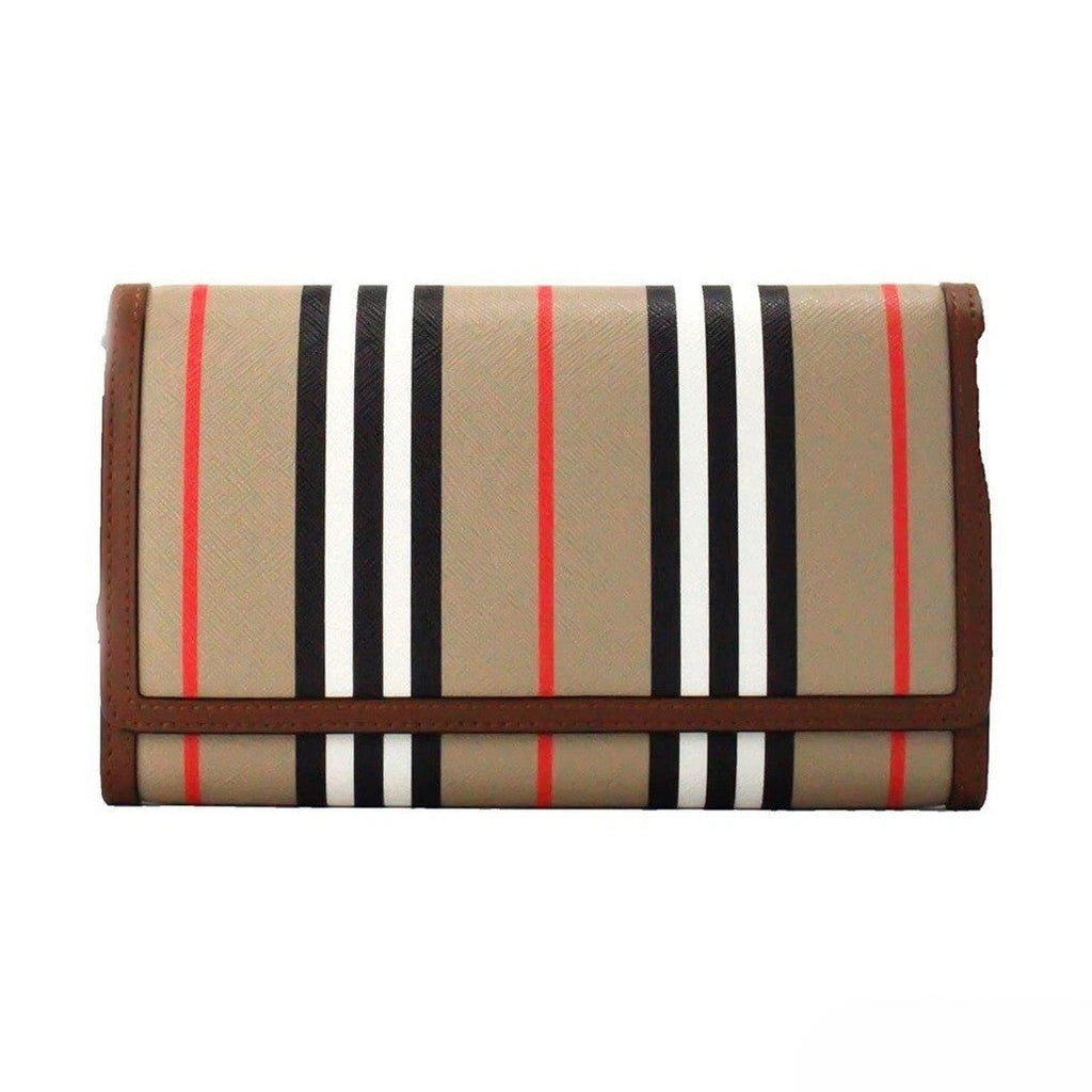 Burberry Hannah Icon Stripe Archive Tan E-Canvas Leather Wallet Crossbody Bag