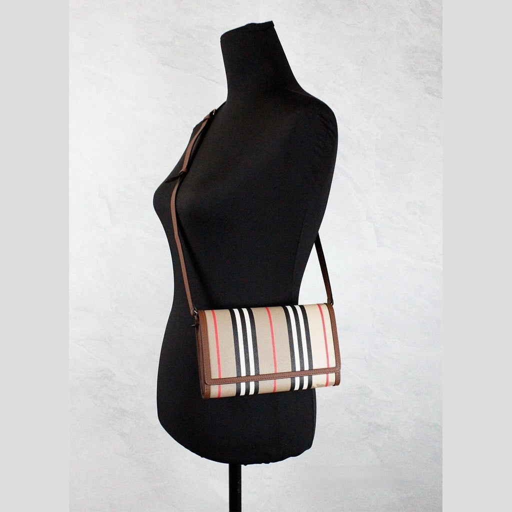 Burberry Hannah Icon Stripe Archive Tan E-Canvas Leather Wallet Crossbody Bag