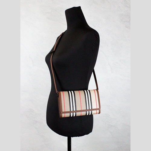 Burberry Hannah Icon Stripe Archive Tan E-Canvas Leather Wallet Crossbody Bag