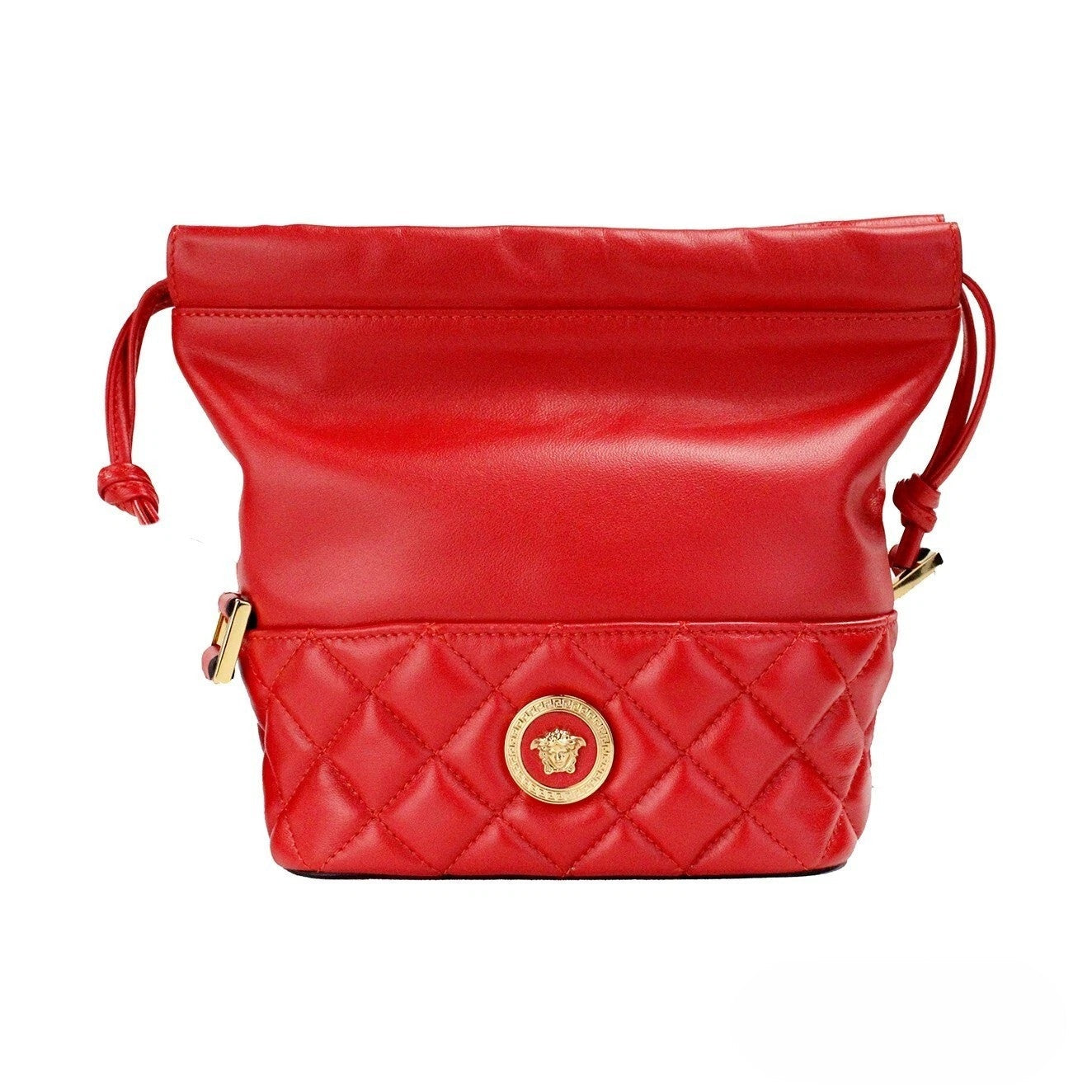 Versace Red Quilted Leather Drawstring Shoulder Bag Bucket Crossbody Handbag