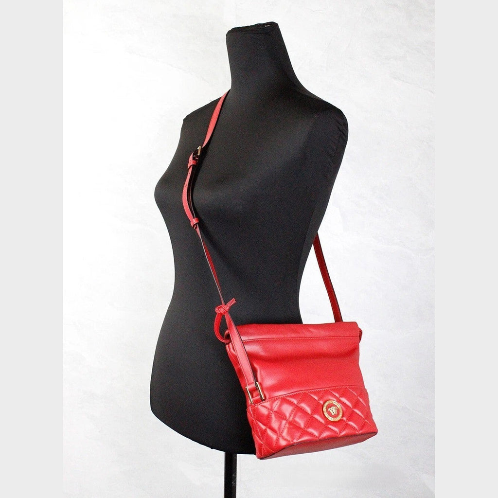 Versace Red Quilted Leather Drawstring Shoulder Bag Bucket Crossbody Handbag